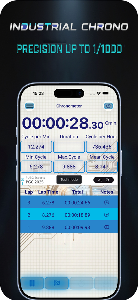 Interfaz de la aplicación Industrial Chronometer mostrando tiempos de ciclo y datos de vuelta para uso profesional