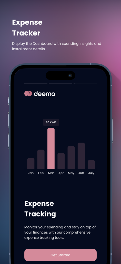 Deema app dashboard showing a bar chart for monthly expense tracking in Kuwaiti Dinars