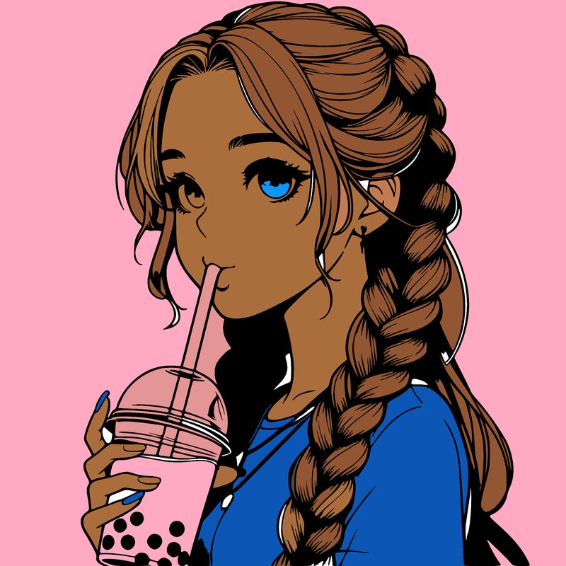 realistic girl with braided hair drinking boba