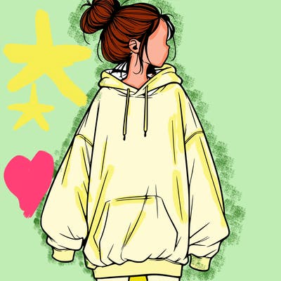 realistic girl with a oversized sweatshirt on and a bun