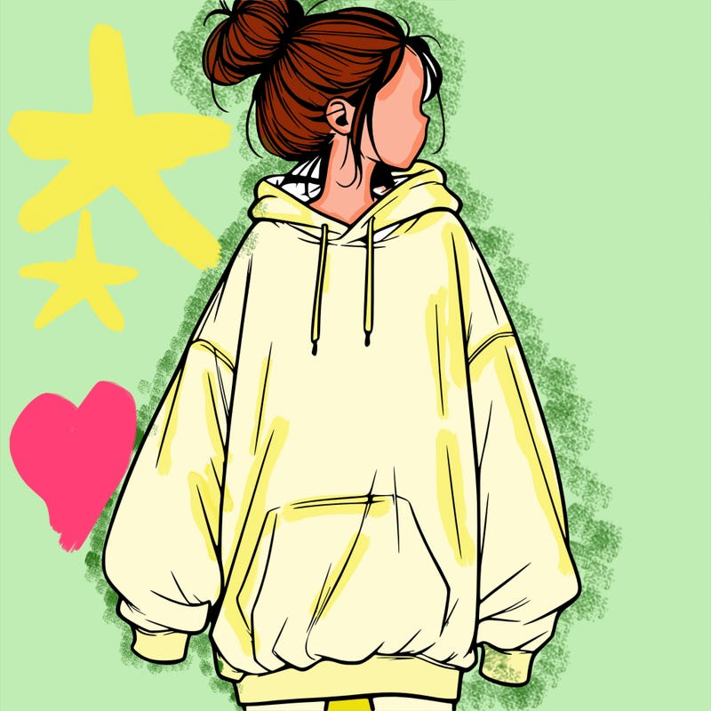 realistic girl with a oversized sweatshirt on and a bun