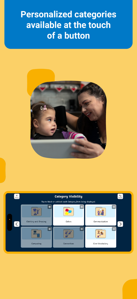Twinkl Symbols AAC System - Interface de l'application AAC Twinkl Symbols affichant les paramètres de visibilité des catégories personnalisables pour les tableaux de communication.