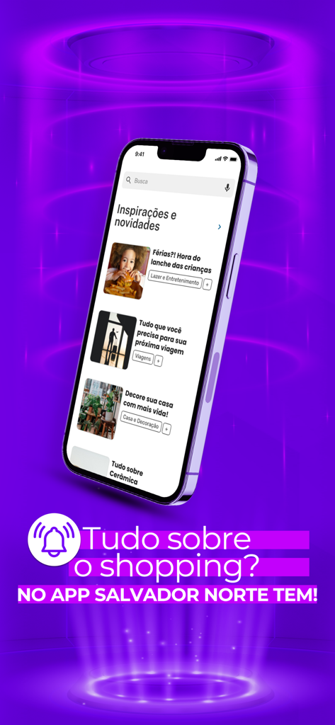 Salvador Norte - Smartphone screen showing the news and inspirations section of the Salvador Norte Shopping app on a purple background