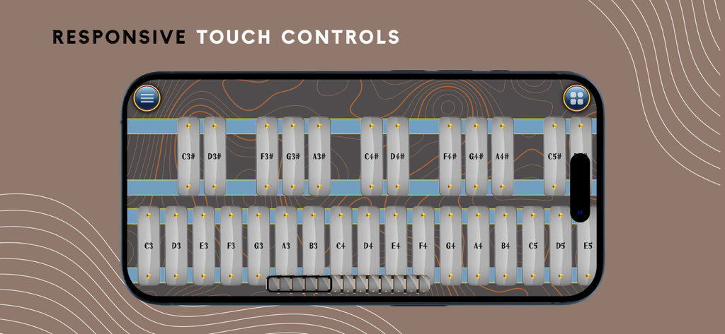 Glockenspiel - Real Sounds - 応答性の高いタッチコントロールを備えた仮想グロッケンシュピール楽器インターフェースを表示するスマートフォン。