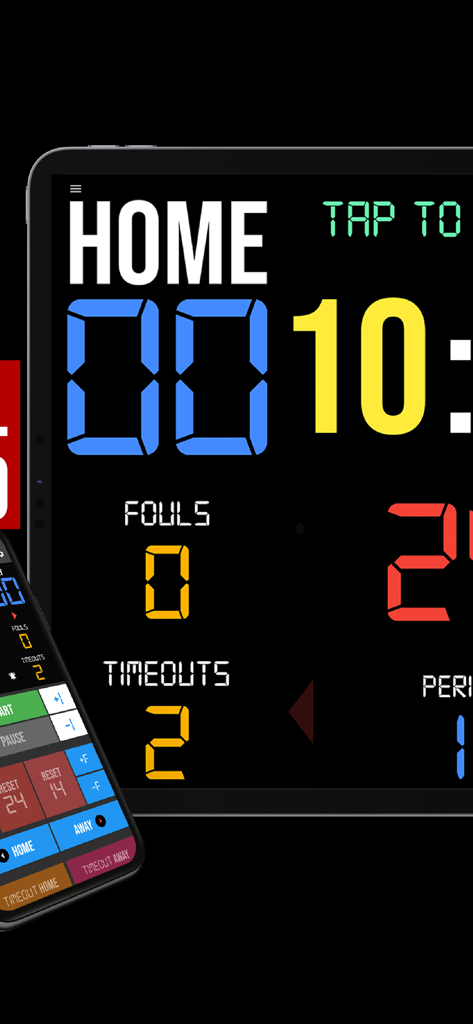 스마트폰 원격 컨트롤러 인터페이스가 있는 태블릿의 디지털 농구 스코어보드 앱