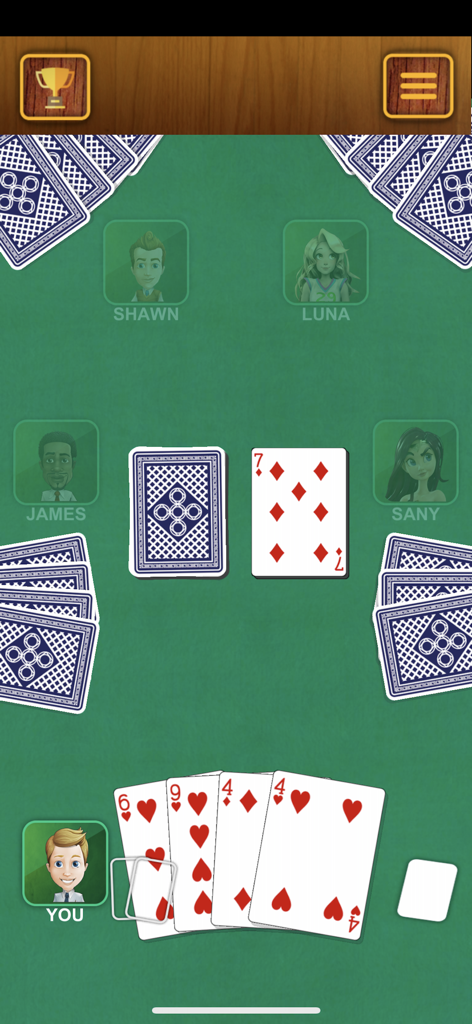 Crazy Eights - Classic Cards - Gameplay of Crazy Eights showing cards and player avatars on a clean green table