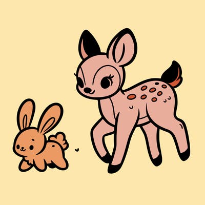 a fawn walking with a cute bunny