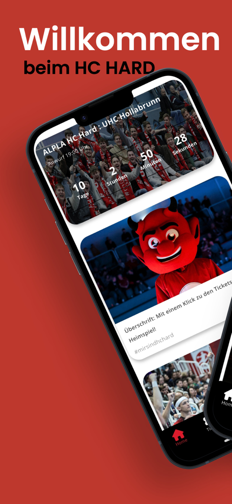 HC Hard App - Welcome screen of the HC Hard app featuring a match countdown and the red devil mascot