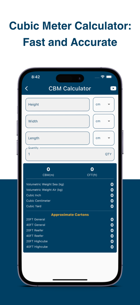 Mobile App-Oberfläche zur Berechnung von Kubikmetern und Volumengewicht für Versandcontainer