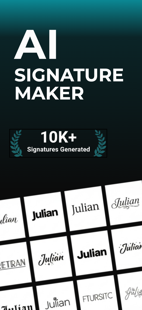 AI Signature Maker - AutoSign - AI Signature Makerアプリのインターフェースに、プロユース向けのさまざまなデジタル署名スタイルのグリッドが表示されている。