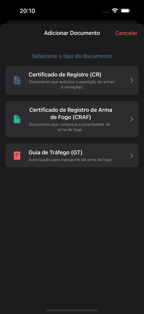 CAC App - The CAC App interface for selecting and adding documents like firearm registration and traffic guides