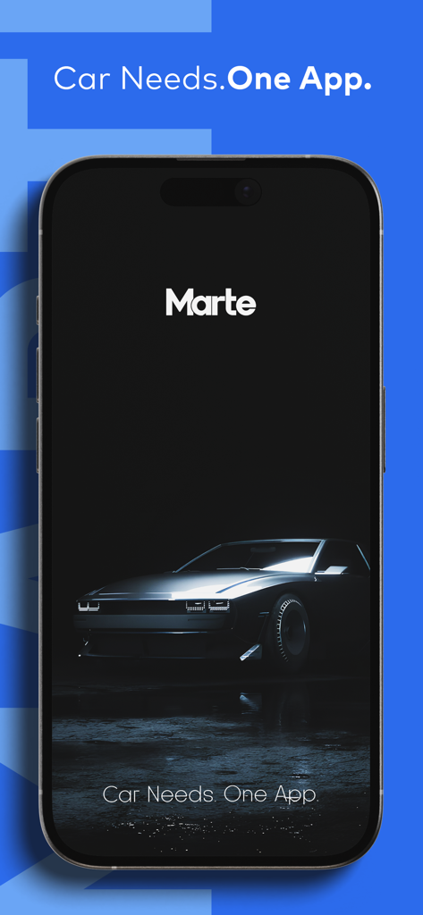 Pantalla de bienvenida de la app Marte mostrando un coche y el lema 'Car Needs One App'