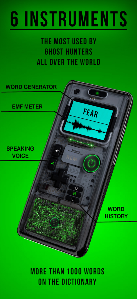Ghost Finder Tools - A smartphone showing the Ghost Finder Tools app interface with word generator and EMF meter features on a green background.