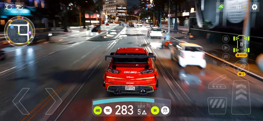 A red sports car speeding through a neon-lit city street at night in a racing game