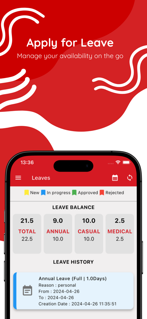 vantage MRIS - Mobile screen for pharmaceutical sales representatives to manage leave requests and track leave balance