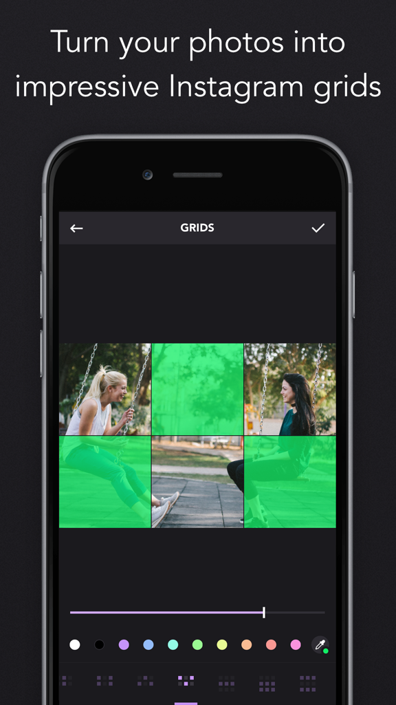 Grids – Giant Square Layout - Smartphone screen showing the Grids app interface where a photo is split into a 3x2 grid layout for Instagram.