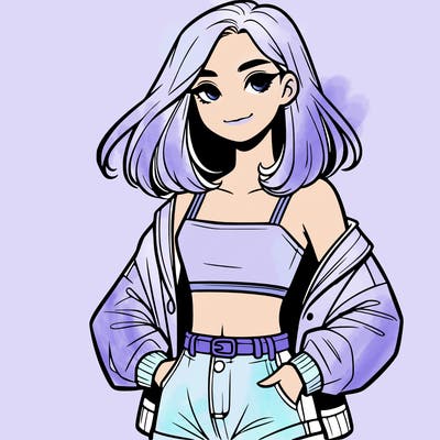 a realistic girl with a crop top and short shorts in an open jacket