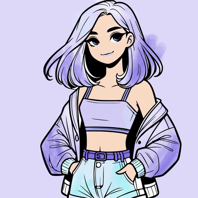 a realistic girl with a crop top and short shorts in an open jacket