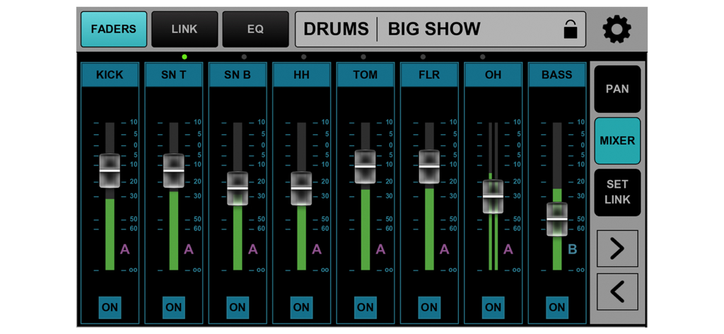 Interface of MyMon Personal Monitor Mixer app with faders for drums and bass