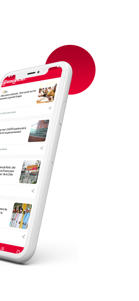Abidjan.net - Écran de smartphone montrant l'interface de l'application mobile Abidjan.net avec un flux d'articles et de gros titres d'actualités de Côte d'Ivoire.