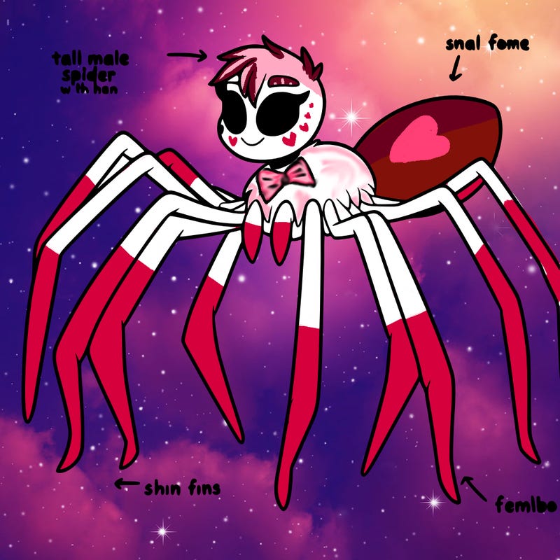 a tall spider male who is thin with white fur and pink spots and is also a striper, and is a femboy