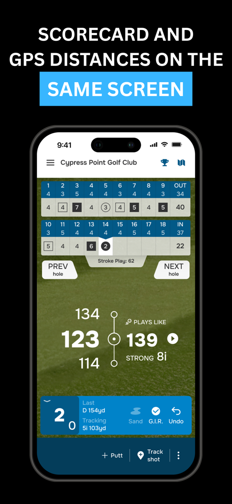 Golf Pad GPS Range Finder - 골프 패드 앱 인터페이스는 디지털 스코어카드와 GPS 거리 및 클럽 추천을 표시합니다.