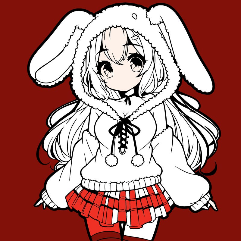 pretty anime girl wearing a fluffy hoodie with bunny ears on the hood and a skirt