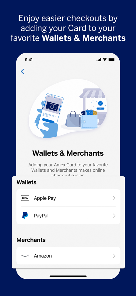 Interface do aplicativo Amex mostrando opções para adicionar um cartão ao Apple Pay, PayPal e Amazon para checkout mais fácil.