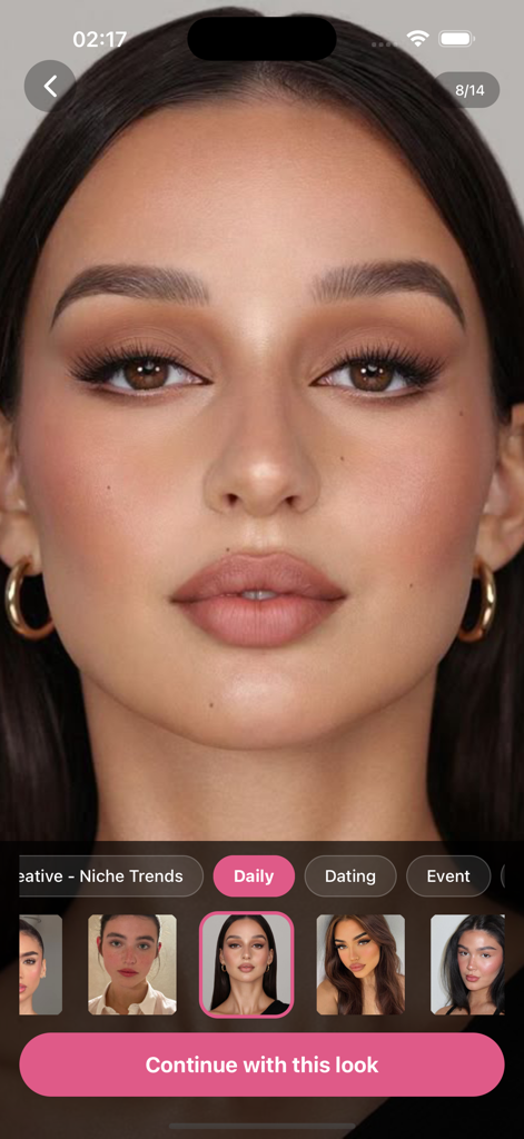 GlowAI app interface showing an AI-generated makeup transformation on a woman's selfie with style categories like Daily and Dating