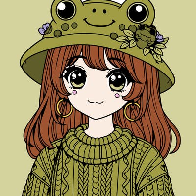 realistic girl wearing frog sweater and a frog hat with frog earrings