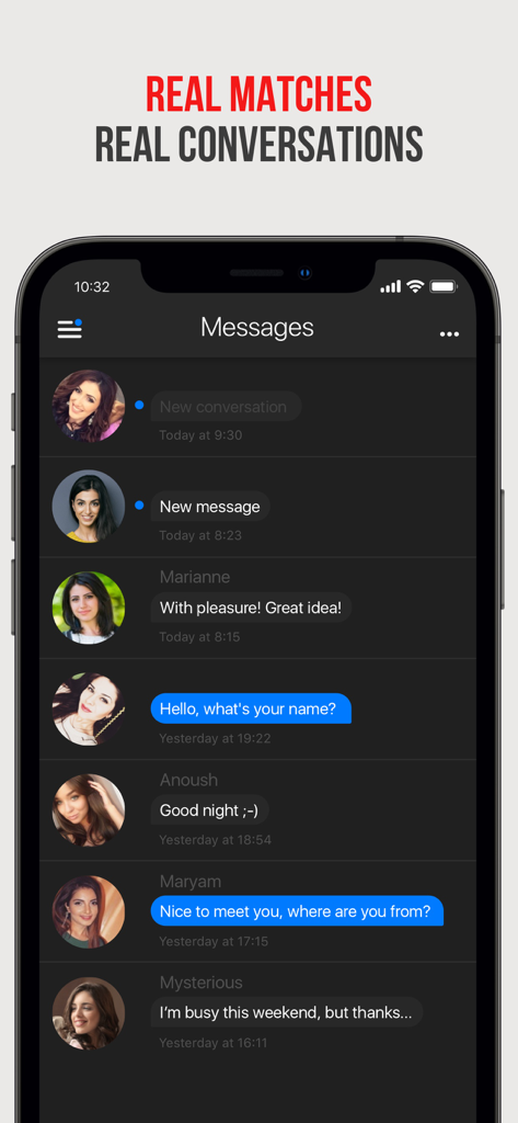 Barev — Armenian Dating - A screenshot of the Barev Armenian dating app showing a list of chat messages and conversations between users.