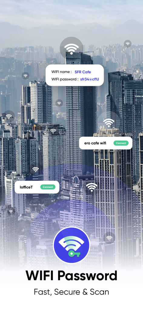 Wifi Password + Wifi Finder - A city skyline overlay with available wifi network names and passwords for easy connection