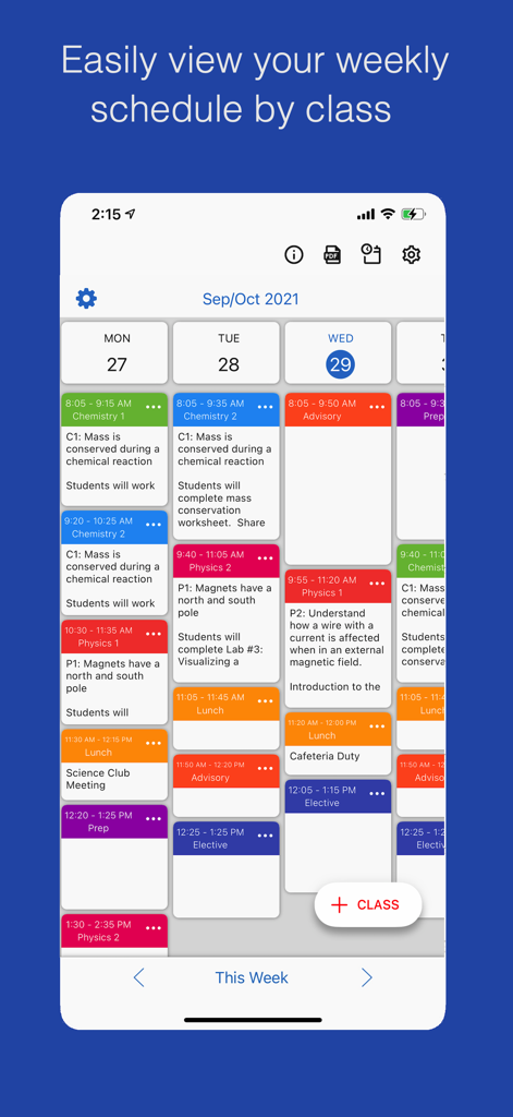 Class Planner (cloud) - A mobile interface showing a weekly teacher schedule with color-coded class blocks and lesson notes.