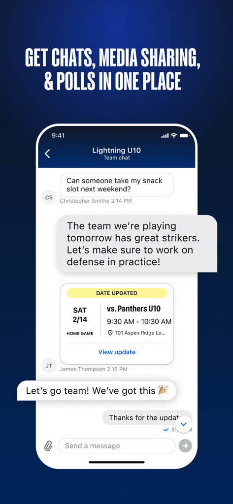 TeamSnap ONE app interface showing a team chat with integrated game schedule updates and messaging