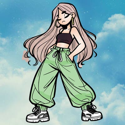 girl in baggy pants crop top and long hair