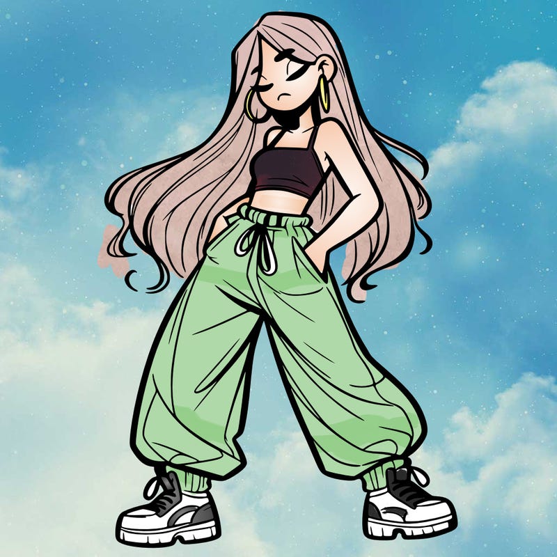 girl in baggy pants crop top and long hair