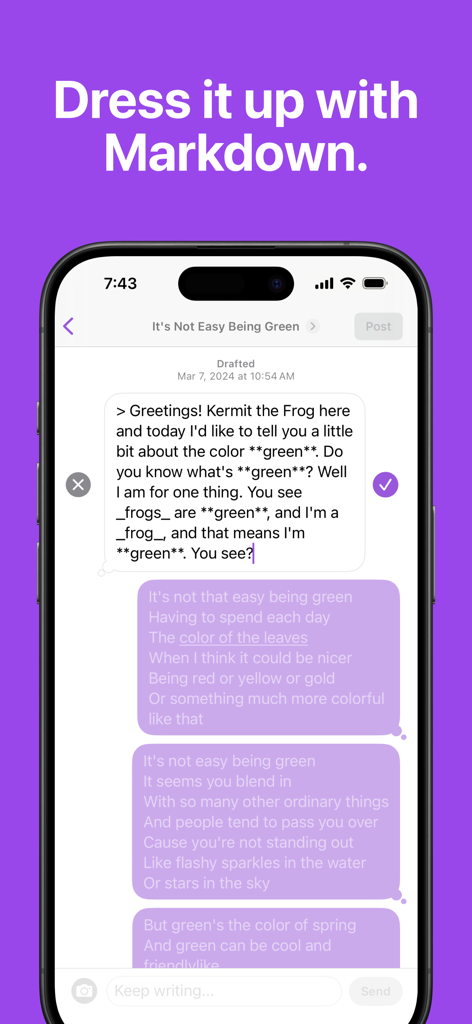 Gibberish Writer - A smartphone displaying the Gibberish Writer app interface with markdown text formatting in chat bubbles.