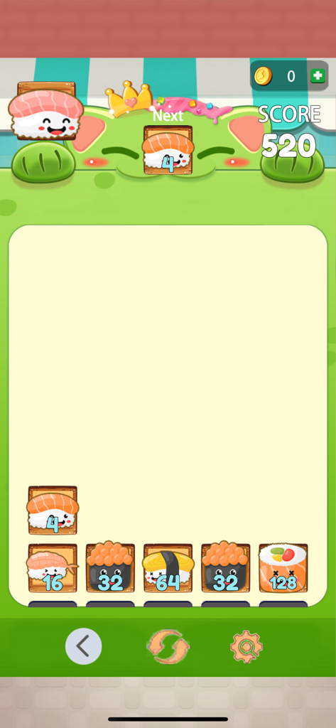Bump Comba:Sushi - Captura de pantalla de jugabilidad de Bump Comba Sushi que muestra un rompecabezas de fusión con bloques de sushi numerados y puntuación