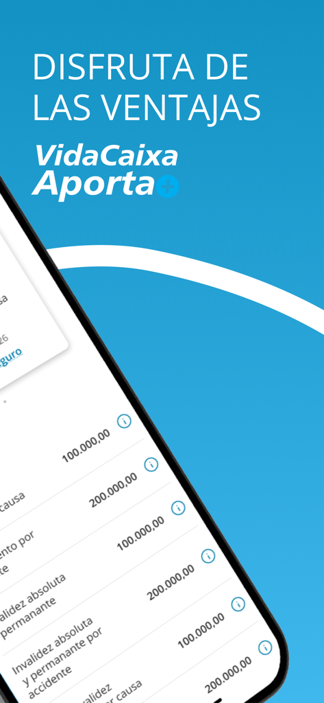 Pantalla de smartphone que muestra los detalles de la póliza de seguro y la cobertura financiera en la aplicación VidaCaixa Aporta plus