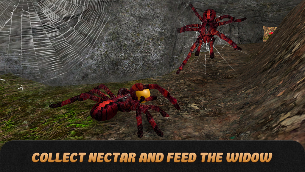 Spider Life Simulator 3D - Uma aranha vermelha e preta carregando néctar amarelo em uma caverna rochosa com teias