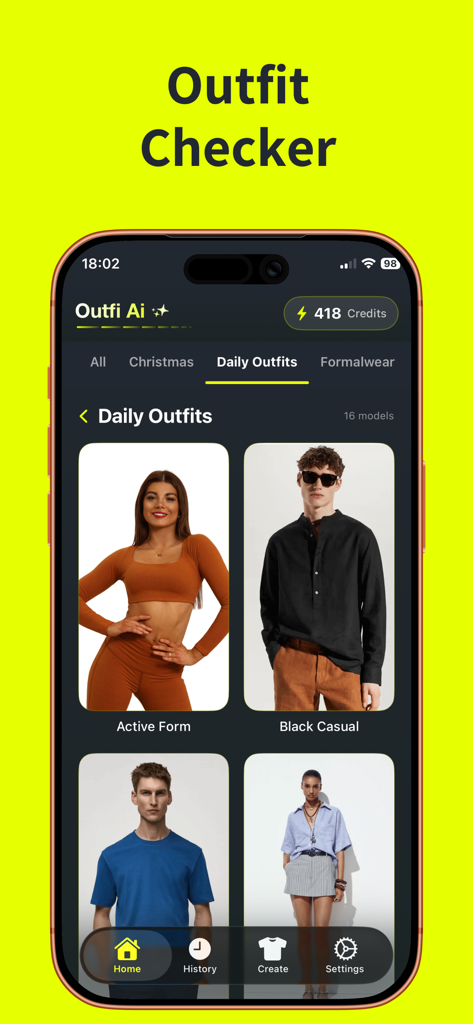 AI Clothes Changer: Outfi AI - 가상 착용을 위한 일일 의상 스타일 및 패션 카테고리 갤러리를 표시하는 Outfi AI 앱 화면