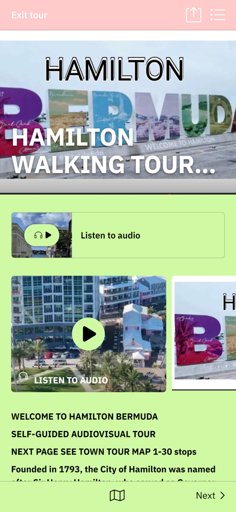 BERMUDA SMART TOURS - Pantalla del recorrido a pie por Hamilton, Bermudas, de la aplicación Bermuda Smart Tours