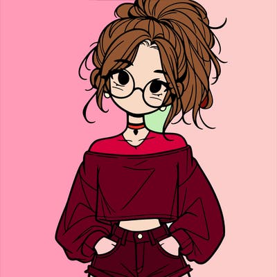 girl with a messy ponytail glasses a baggy crop top and jean shorts