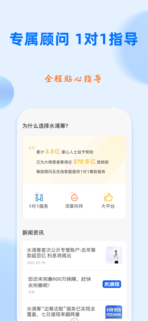 水滴筹-大病爱心筹款平台 - Shuidichou app interface explaining one on one fundraising guidance