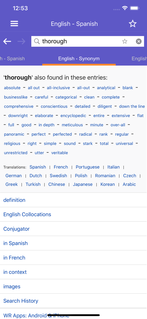 WordReference app showing English synonyms for the word thorough