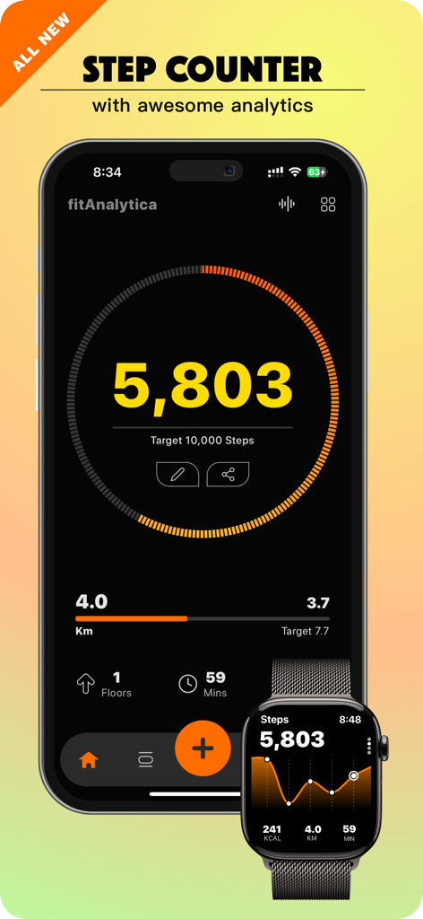 Painel do aplicativo móvel fitAnalytica no iPhone e Apple Watch mostrando contagem diária de passos, metas e análises de fitness