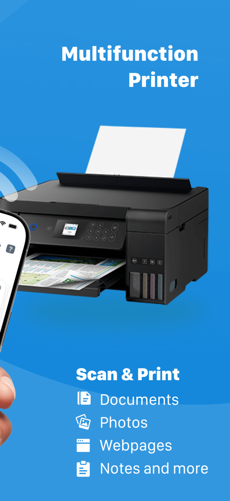 Smart Printer App · Air Print - Uno smartphone che si collega in modalità wireless a una stampante multifunzione nera per scansionare e stampare documenti e foto.
