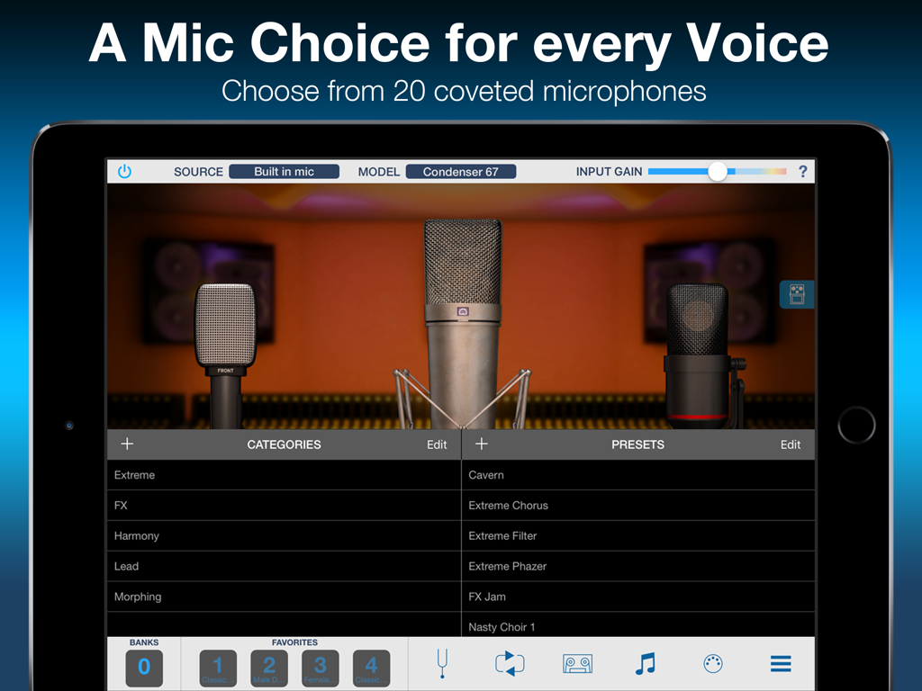 VocaLive CS para iPad mostrando la interfaz de Mic Room con emulaciones de micrófonos profesionales y preajustes de efectos vocales