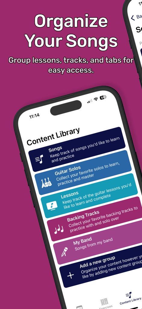 Guitar Scales: GuitarTime - Interface of GuitarTime app showing the Content Library for organizing songs lessons and backing tracks
