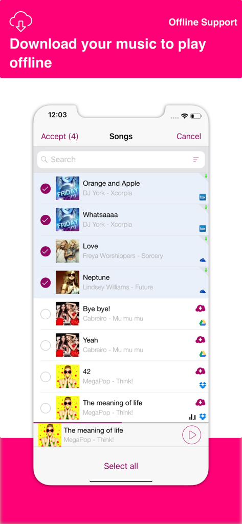 Cloud Music - Stream & Offline - Interface of Cloud Music app displaying songs selected for offline playback download